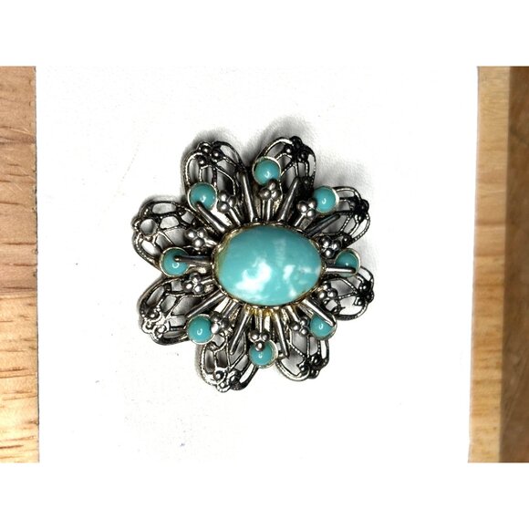 Vintage Silver Filigree Floral Brooch With Turquoise Cabochons - Picture 7 of 7